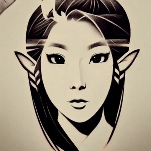 Image similar to tattoo design, stencil, portrait of a japanese girl, zelda, by artgerm,