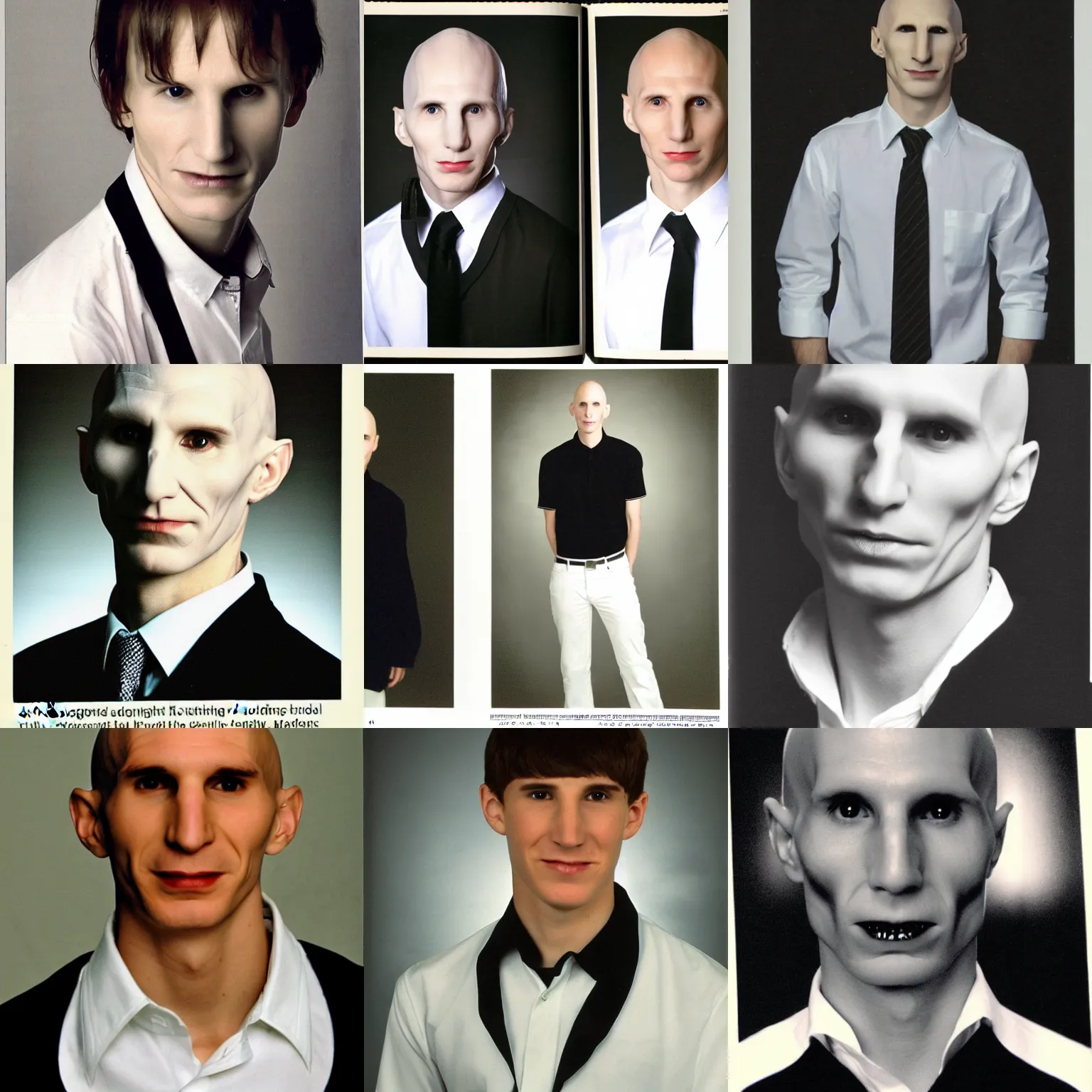 Prompt: high school yearbook photo of voldemort, wearing a white shirt and black trousers, 2 0 0 9