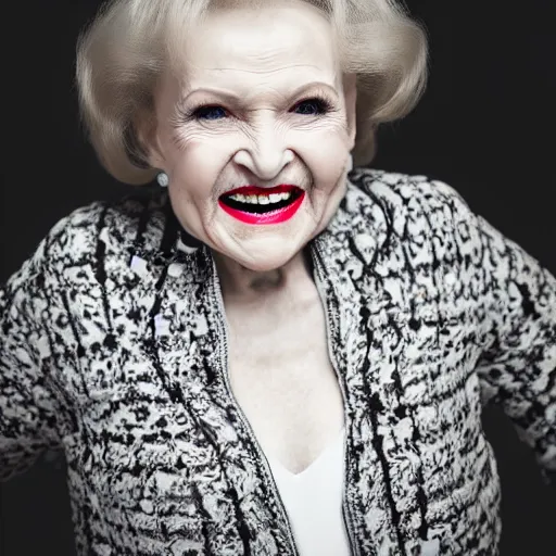 Image similar to symmetrical, close up face portrait of vampire betty white, evil grin, studio lighting, depth of field, photography, black and white, highly detailed