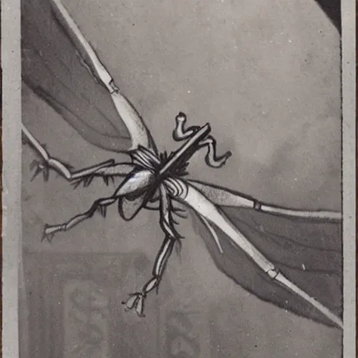 Image similar to winged spider monster with firelight body :: godly presence :: 1940 photograph