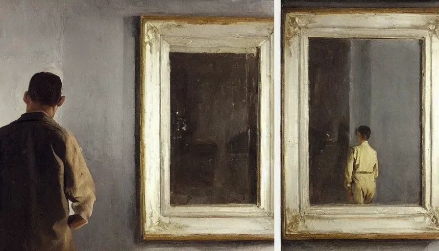 Prompt: painting by borremans, man back standing in front on the mirror and his back in the mirror with small village house and tiny tree, detailed, stunning