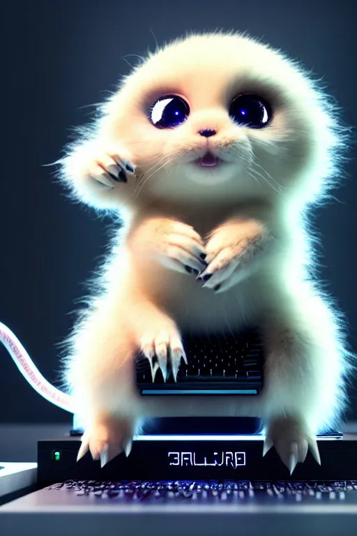 Prompt: high quality 3 d render very cute fluffy cyborg!! mouse plays keyboard, cyberpunk highly detailed, unreal engine cinematic smooth, in the style of blade runner & detective pikachu, hannah yata charlie immer, moody light, low angle, uhd 8 k, sharp focus