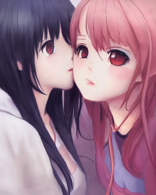 Image similar to portrait of two girls kissing, anime, drawn by WLOP, trending on Artstation