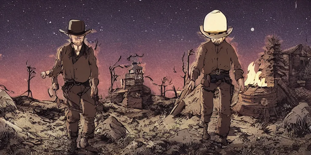 Image similar to rugged bandit ( ( alone ) ) in the old west, handcuffed by shackles at a campfire, cinematic, dark, grim, starry sky, in the style of studio ghibli