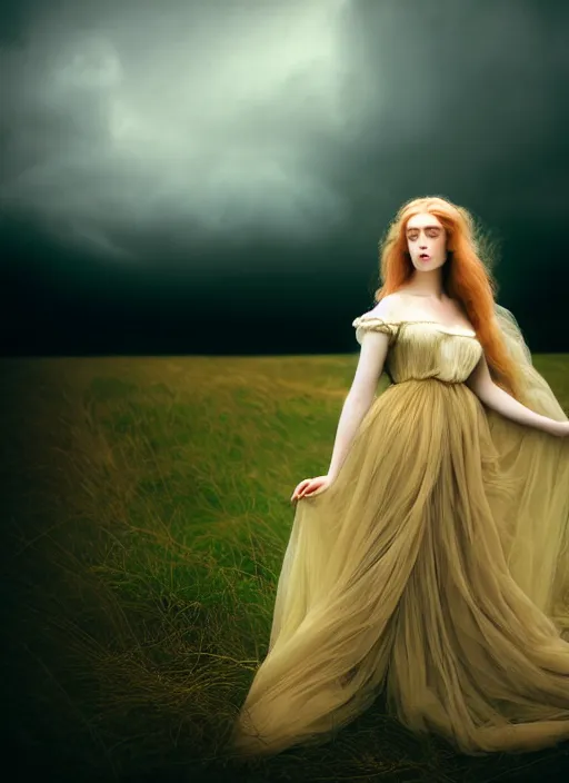 Image similar to kodak portra 1 0 0 photo medium portrait of a pre - raphaelite blond beautiful woman, dress in dark tulle, dreamy mood, fine art photography in style of nicholas fols, 1 5 0 mm, emotionally evoking, head in focus, stormy clouds outdoor, matt mute colour background, volumetric lighting, hyper realistic, ultra detailed