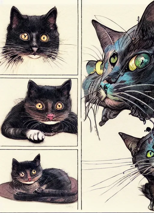 Image similar to a hyper realistic ink cat in a spaaceship 6 panel comic by chiara bautista and norman rockwell and greg rutkowski weta studio, and lucasfilm