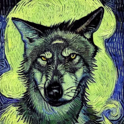 Image similar to retard wolf portrait, van gogh style