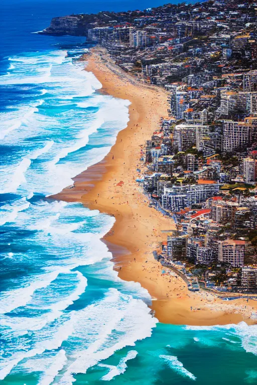 Image similar to Aerial Photo of Bondi Beach, sunrise, turquoise water, volumetric lighting, summer, Cinematic, award winning, photo print.