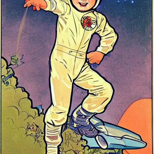 Image similar to a cute little boy with a mischievous face and short ginger hair. he is dressed as an astronaut. well composed, clean elegant painting, beautiful detailed face. comic book art by steve ditko and jack kirby and ( alphonse mucha )