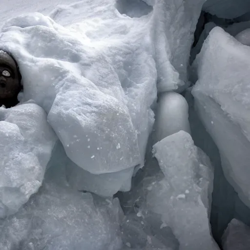 Image similar to A golem made of ice sleeping in a cave in Antarctica