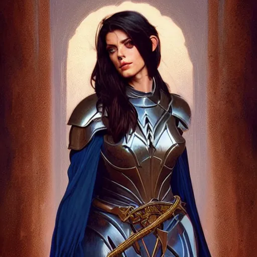 Image similar to Ashley Greene with dark blue hair as Joan of Arc wearing metal armor, western, D&D, fantasy, intricate, elegant, highly detailed, digital painting, artstation, concept art, matte, sharp focus, illustration, art by Artgerm and Greg Rutkowski and Alphonse Mucha