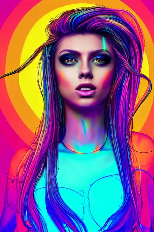 Image similar to a award winning half body portrait of a beautiful woman with stunning eyes in a croptop and cargo pants with rainbow colored ombre hairstyle head in motion and hair flying by thomas danthony, surrounded by whirling illuminated neon lines, outrun, vaporware, shaded flat illustration, digital art, trending on artstation, highly detailed, fine detail, intricate