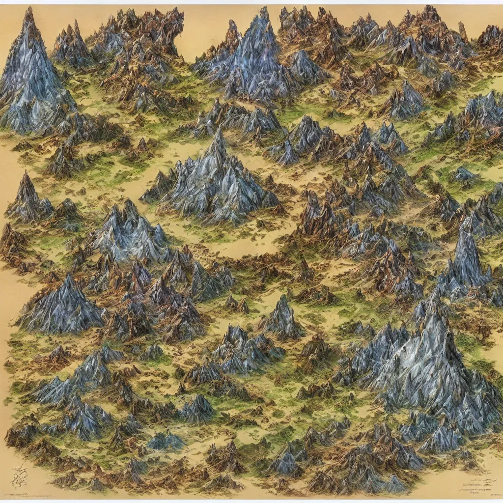 Prompt: an isometric fantasy mountain range, the land of Odrua by brian froud by jrr tolkien