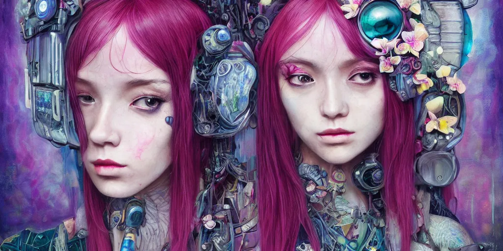 Prompt: alexa demie as a fae cyberpunk, orchid, portrait face, colorful, kupka, intricate, miles johnston, kuroda seiki, ozabu, godward, painterly, yoshitaka amano, moebius, miles johnston, louise zhang, james jean, mark ryden lowbrow pop surrealism art style