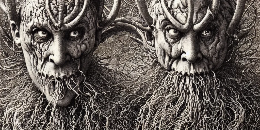 Image similar to detailed realistic krampus tyrolean farmer hay monster face portrait by jean delville, gustave dore, iris van herpen and marco mazzoni, art forms of nature by ernst haeckel, art nouveau, symbolist, visionary, gothic, neo - gothic, pre - raphaelite, fractal lace, biodiversity, surreality, hyperdetailed ultrasharp octane render