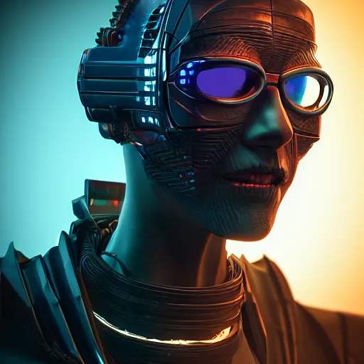 Image similar to evil cyberpunk dark lord, highly detailed, photorealistic portrait, bright studio setting, studio lighting, crisp quality and light reflections, unreal engine 5 quality render