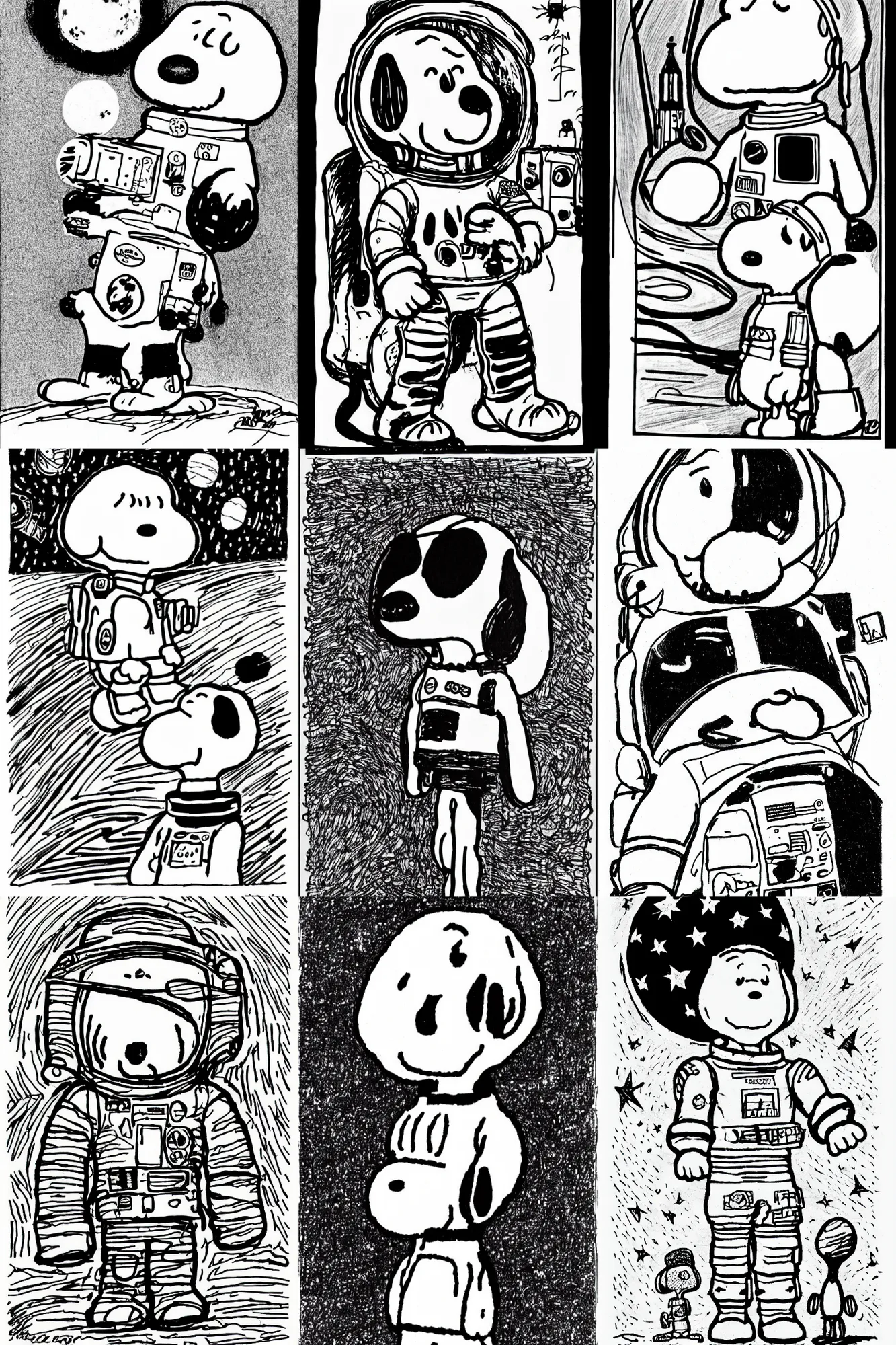 Prompt: portrait of snoopy in a space suit, line drawing, black and white, by charles m. schulz