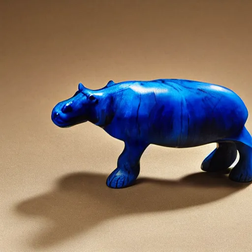 Prompt: a small smooth hippo statue carved from natural wood, dipped in polished blue resin, half and half, mixed media, side view