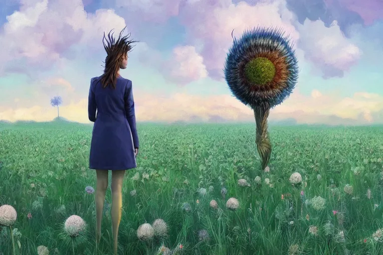 Prompt: giant thistle head, girl in suit in field of flowers, surreal photography, sunrise, blue sky, dramatic light, impressionist painting, digital painting, artstation, simon stalenhag