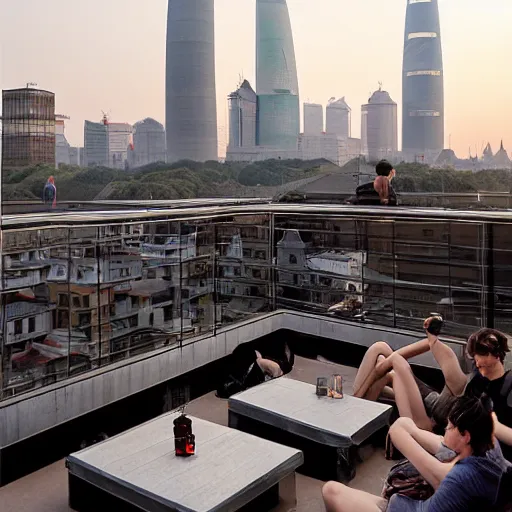 Image similar to a small rooftop with a couple of people sitting and watching the view, wearing black modern clothes, modern shanghai bund is on the background, sunset, by gregory crewdson