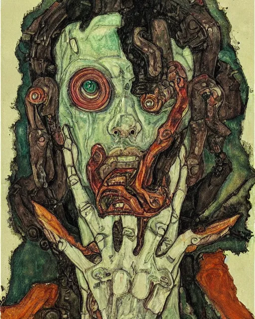Image similar to portrait of cyberpunk cthulhu by egon schiele in the style of greg rutkowski