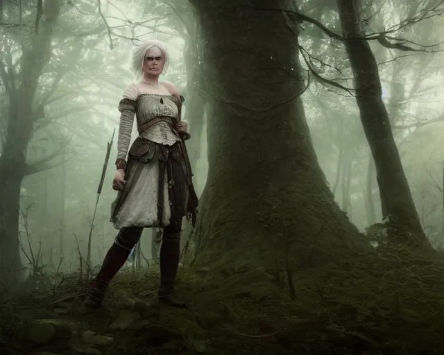 Image similar to 5 5 mm portrait photo of a real life ciri, in a magical forest. dark atmosphere. art by greg rutkowski. highly detailed 8 k. intricate. lifelike. soft light. nikon d 8 5 0.