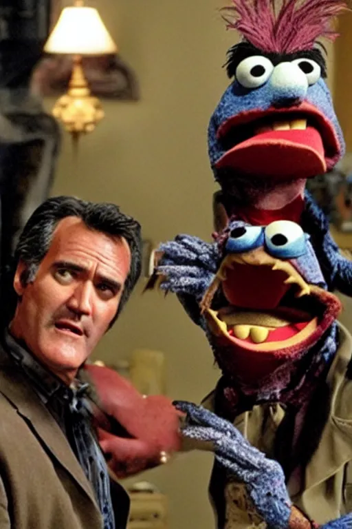 Prompt: Bruce Campbell starring in Evil Dead 2 Muppets movie