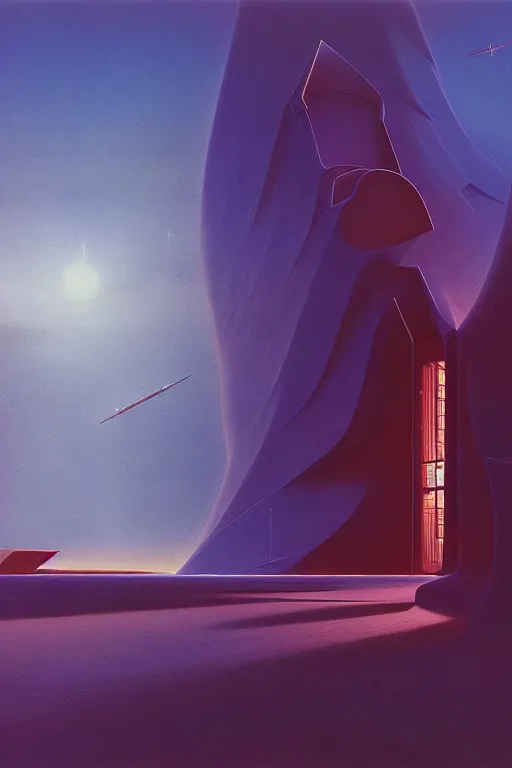 Prompt: emissary space by arthur haas and bruce pennington and john schoenherr, cinematic matte painting, zaha hadid building, photo realism, neon colors, blue hour, james terrell art,