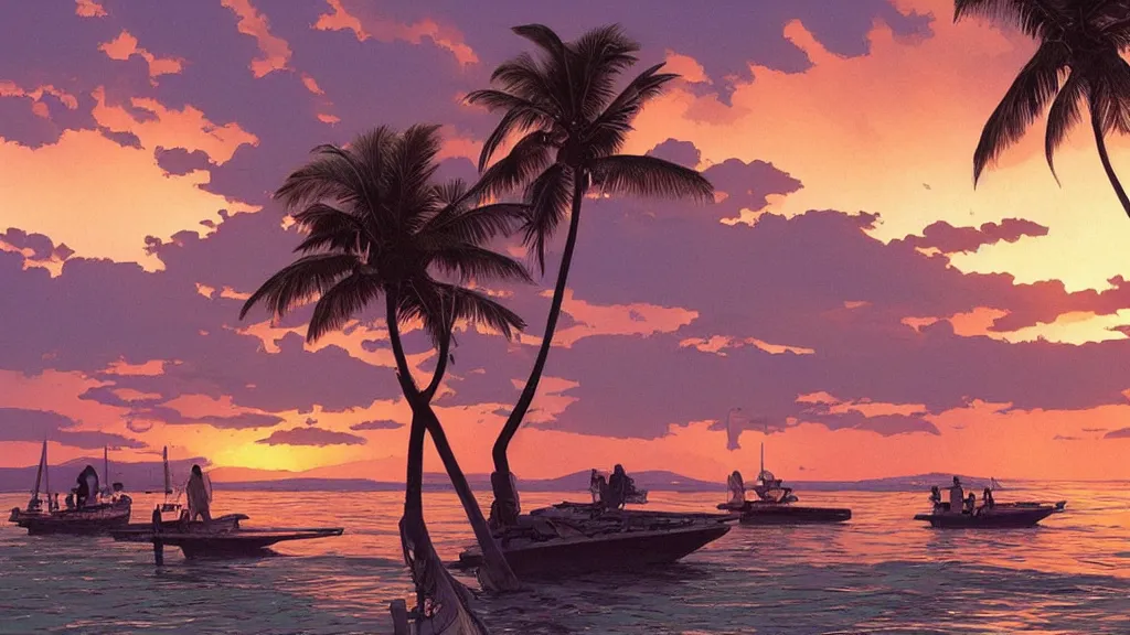 Image similar to sunset at Lahaina Maui, some boats, a few birds in the sky, sharp focus, illustration, paisible night lighting, incredible art by artgerm and greg rutkowski and alphonse mucha and simon stalenhag