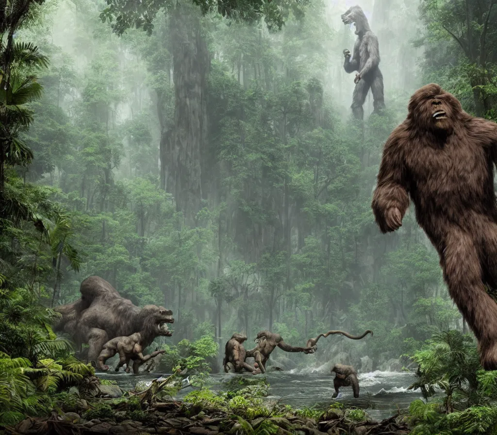 Prompt: matte painting of bigfoot in rain forest, large dinosaurs in background, style by blizzard concept artists