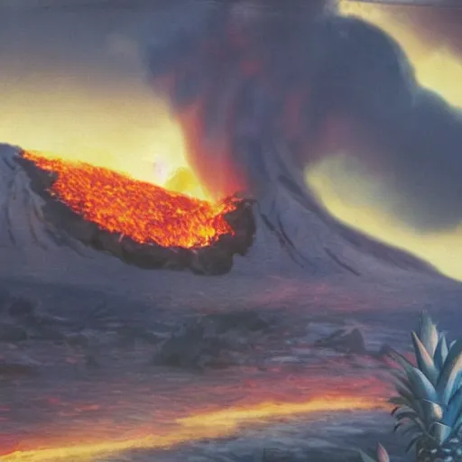 Image similar to pineapples on fire in a tornado matte painting, highly detailed