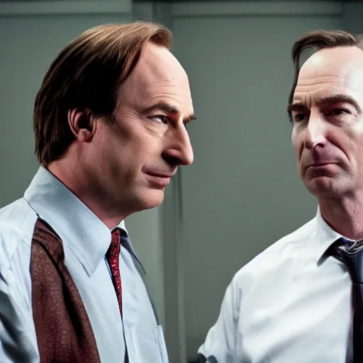 Image similar to saul goodman's character portrayed by bob odenkirk, from the show, breaking bad and better call saul, hitting an enormous, complex dab rig with christian bale's character, patrick bateman from american paycho.