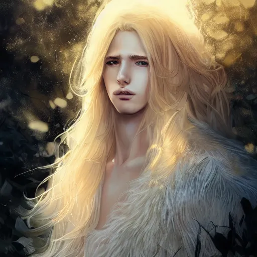 Image similar to Portrait of an androgynous blond prince in a beautiful world, pale milky white skin and long fluffy curly blond hair, intricate, elegant, fantasy, highly detailed, digital painting, concept art, Junji Ito, sharp focus, illustration, beautiful volumetric lighting, epic light, artstation, magic hour lighting, colorful, sunshine, springtime, art by Sylvain Sarrailh