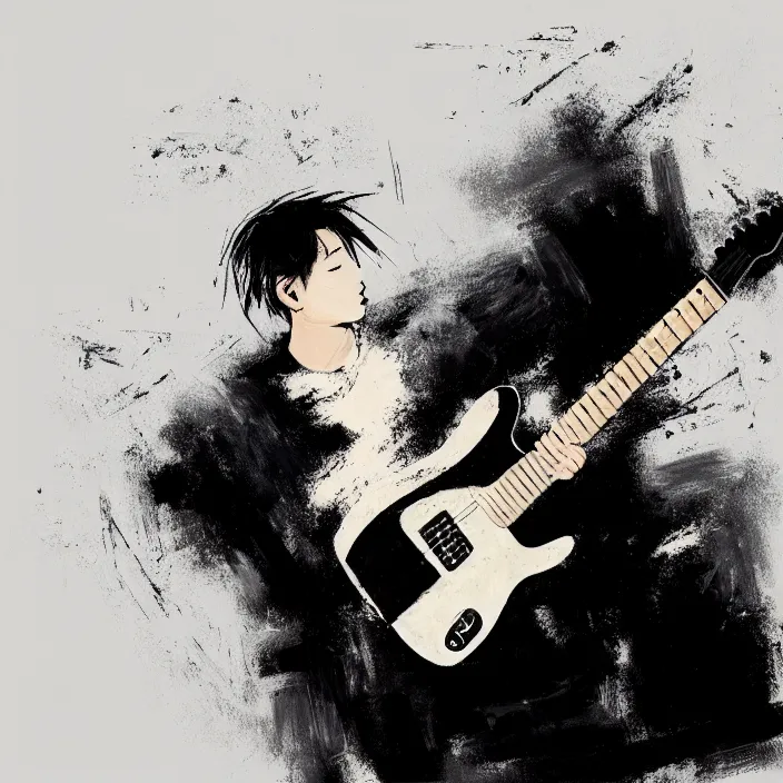 Prompt: large diagonal brush strokes, abstract dark painting of a young korean male musician wearing stylish black v neck t shirt holding a telecaster!!! electric guitar!!, thick flowing dramatic brush strokes, dark matte colors, abstract, impressionist, motion, trending on artstation