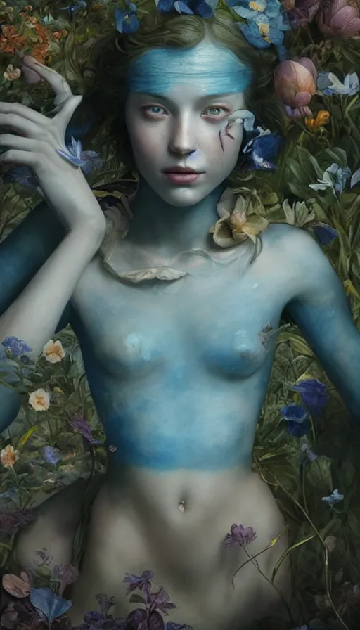 Prompt: epic masterpiece alice in wonderland, sweaty skin, hyperrealistic, octane render, cinematic, beautiful face and flawless skin, perfect hands, 5 fingers, blue, by Edgar Maxence and Ross Tran and Michael Whelan, Legends of Runeterra