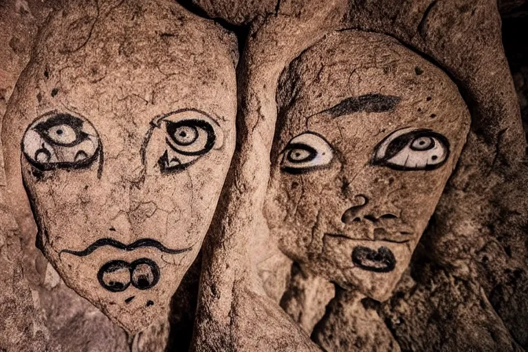 Prompt: archeological photo of the primitive ancient portraits of female demons, rock art drawings, cave drawings, symmetrical, cinematic, real dlsr photography, sharp focus, 4 k, ultra hd, sense of awe, archeology journal cover