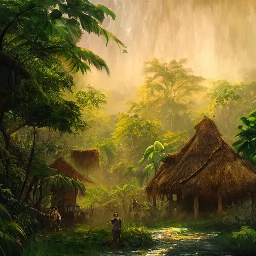 Prompt: the village in a bright jungle, dramatic lighting, oil painting, pale colors, high detail, 8 k, wide angle, trending on artstation,