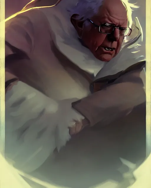 Image similar to bernie sanders as a league of legends champion, medium shot close up, details, sharp focus, illustration, by jordan grimmer and greg rutkowski, trending artstation, digital art