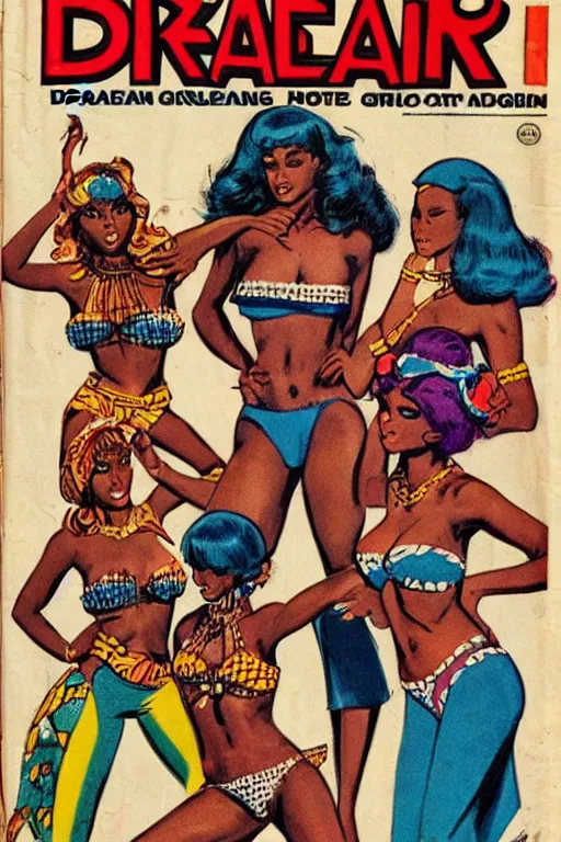 Image similar to !dream african bikini girls drawn by Jack Kirby, vintage 70s comic cover