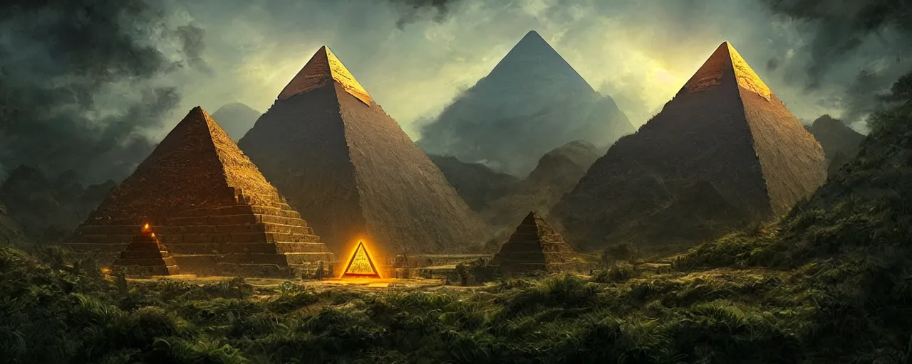 Image similar to an intricate concept art of a hidden pyramid with golden door in the middle of mountains undergrowth, photorealistic movie still, sci - fi, hyper realistic, concept art, art by dylan cole, feng zhu, artgerm, greg rutkowski, cinematic lighting, octane render