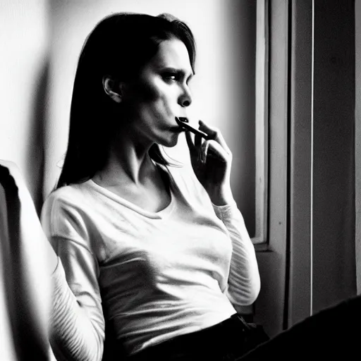 Image similar to Live Action Still of Jerma985 in a film of a beautiful model woman smoking a cigarette by the window, black and white, hyperrealistic, ultra realistic, realistic, highly detailed, epic, HD quality, 8k resolution, body and headshot, film still