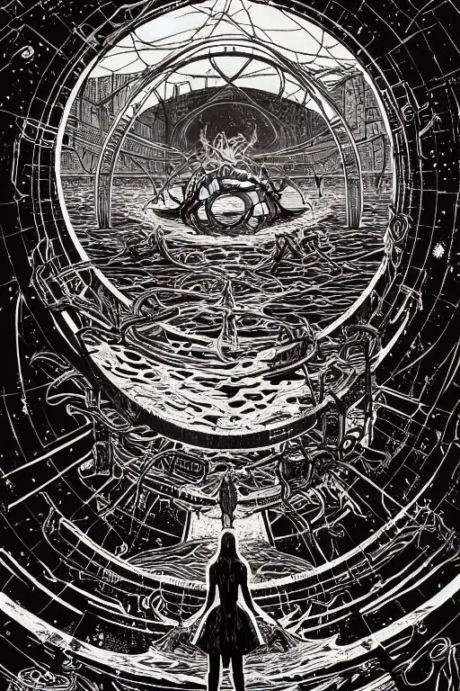 Image similar to dreamy portal in the center of the lake, abstract black oil, gear mecha, beautiful woman body, detailed acrylic, grunge, intricate complexity, by dan mumford and by alberto giacometti, m. c. escher