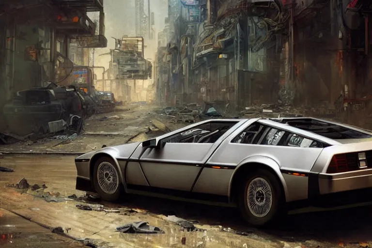 Image similar to photograph of the delorean driving down the streets of a cyberpunk abandoned city, by greg rutkowski, by stanley artgerm, by alphonse mucha