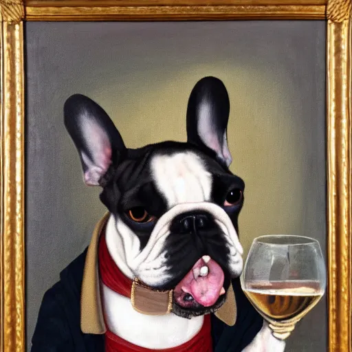 Prompt: a portrait of a french bulldog drinking wine and wearing an elizabethan ruff, oil painting