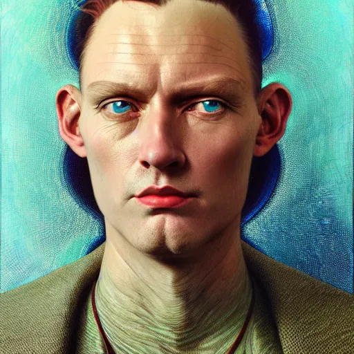 Prompt: realistic extremely detailed portrait painting of an average man , retro futuristic , by beeple,Jean Delville, Amano, Yves Tanguy, Alphonse Mucha, Ernst Haeckel, Edward Robert Hughes, Roger Dean, rich moody colours, blue eyes,octane render