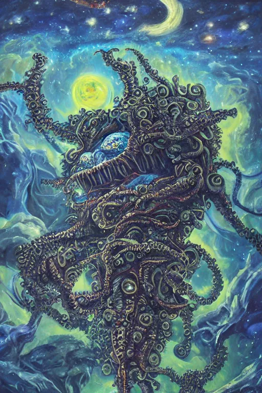 Prompt: oil painting, close-up, hight detailed, giant lovecraftian monster with flowers everywhere beneath night stars mixed with blue sky, in style of 80s sci-fi art, neodada