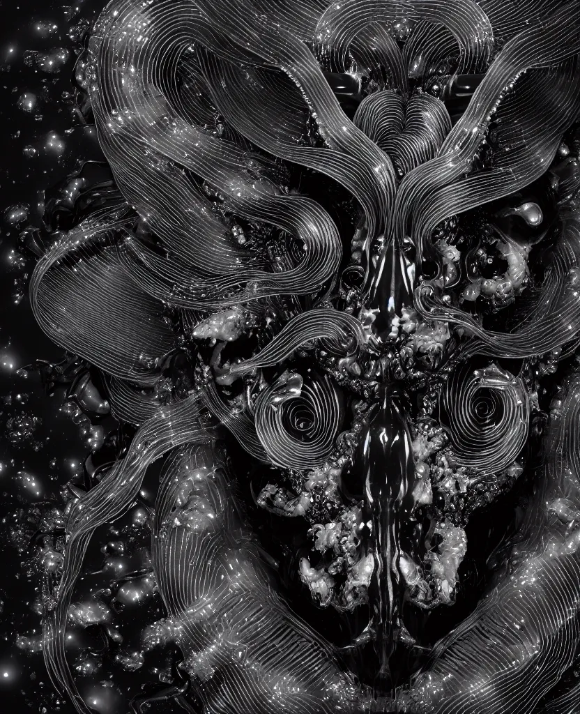 Prompt: fully black background. background hex 000000. goddess princess face close-up portrait ram skull. made of dichroic obsidian. jellyfish phoenix head, nautilus, orchid, skull, betta fish, bioluminiscent creatures, intricate artwork by Tooth Wu and wlop and beeple. octane render, trending on artstation, greg rutkowski very coherent symmetrical artwork. cinematic, hyper realism, high detail, octane render, 8k