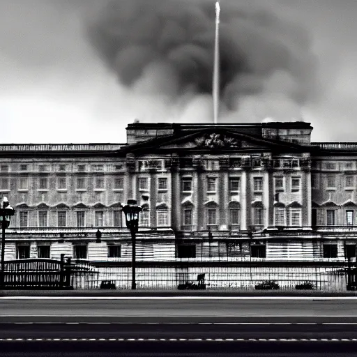 Image similar to photography of Buckingham palace in flames, dark smoke, VFX, cinematic, rule of thirds, golden ratio, evening