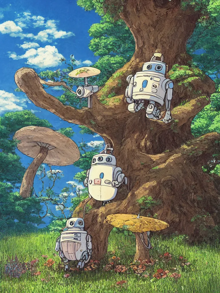 Image similar to portrait painting of a rustic robot sitting under a tree, mushroom, in the style of Studio Ghibli, by Hayao Miyazaki, high quality, detailed, 8k, amazing