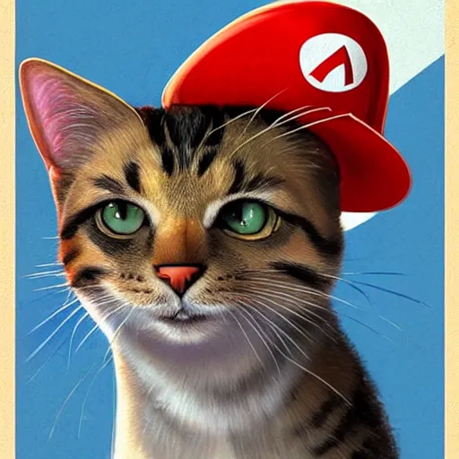 Image similar to Portrait of a Cat as Super Mario, Nintendo, super mario bros poster, highly detailed, digital painting, artstation, concept art, smooth, sharp focus, illustration, art by artgerm and greg rutkowski and alphonse mucha